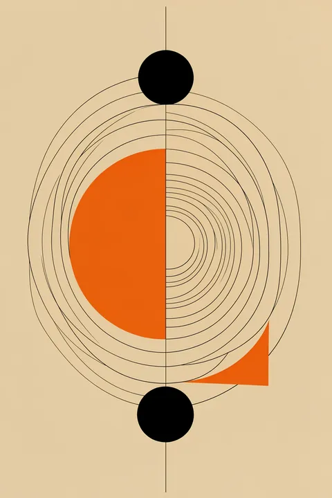 Geometric Harmony. Thin concentric black arcs surround two orange semicircles and two black circles arranged along a central vertical line on tan.
