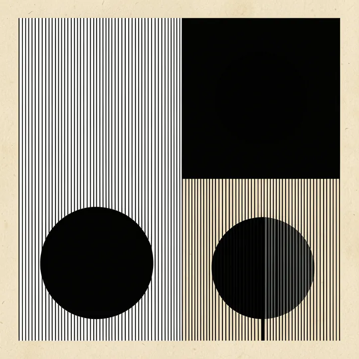 Geometric Harmony. Three black circles sit among fine vertical stripes and solid black rectangular panels within a cream geometric grid.