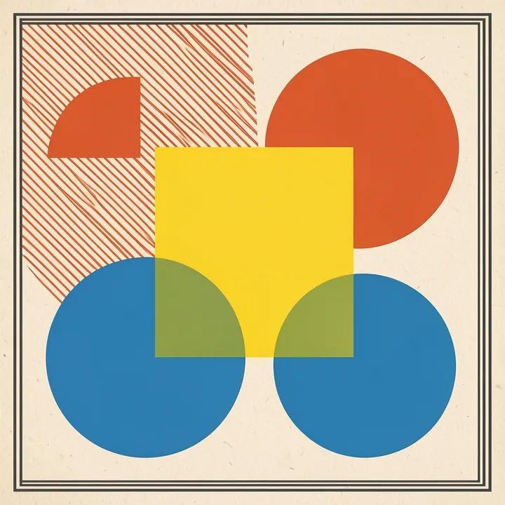 Geometric Harmony. A yellow square overlaps red and blue circles inside a thin double border, with diagonal red stripes across the upper-left corner.