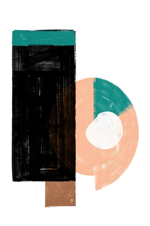 Geometric Harmony. A large black rectangle and teal brushstroke overlap a peach-and-teal circular form on white.