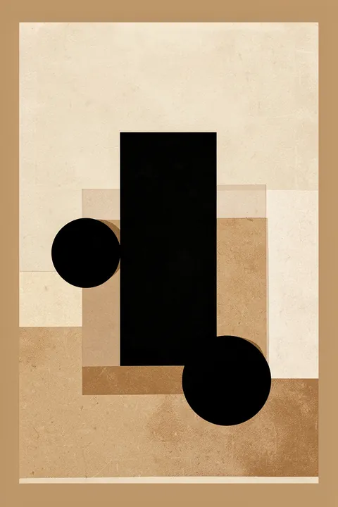 Geometric Harmony. A tall black rectangle and two black circles overlap translucent tan squares within a textured beige frame.