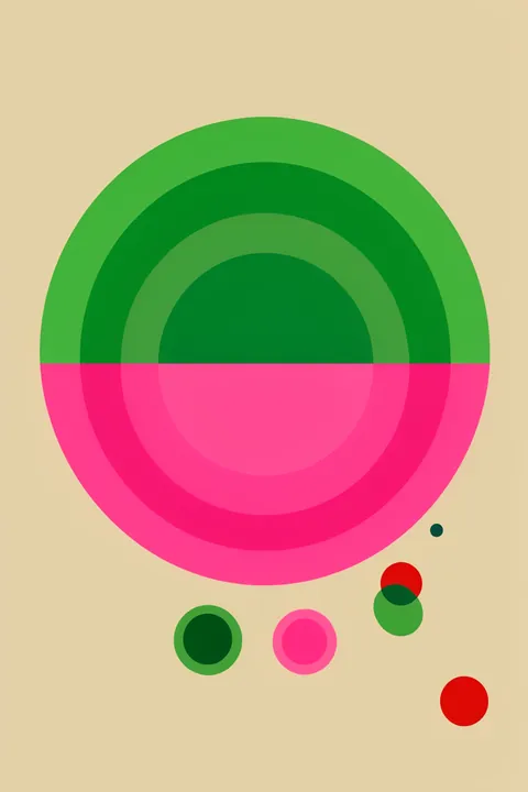 Geometric Harmony. Concentric green and bright-pink semicircles form a large circle, with several smaller colored circles scattered below on tan.