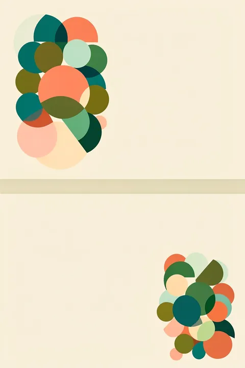 Geometric Harmony. Two clusters of overlapping translucent circles in teal, green, olive, coral, and pale peach sit at opposite corners of cream.