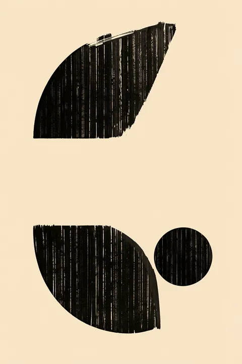 Geometric Silence. Two broad black textured brush shapes and a black circle are spaced apart on a warm cream background.