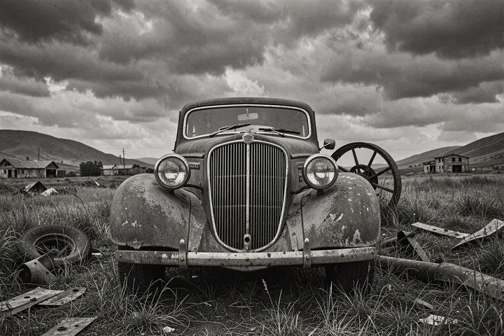 Ghost Town Vintage Car. A weathered vintage car sits in a grassy, abandoned-looking settlement beneath heavy clouds in a black-and-white photograph.