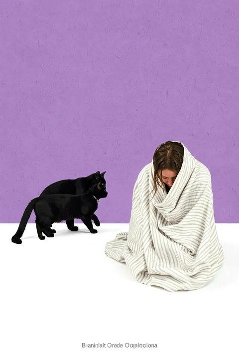 Girl and Cat. A woman wrapped in a striped white blanket bends beside two black cats on a white floor against a textured purple wall.