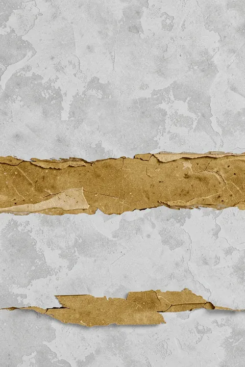 Golden Gray Abstract Layers. Two torn ochre paper bands cross a pale gray, cracked-texture field.