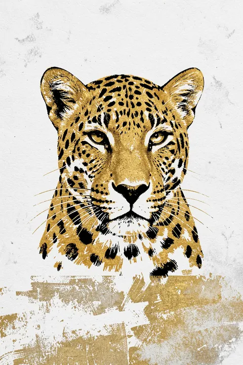 Golden Leopard Gaze. A close-up leopard face with dark spots and amber eyes emerges from a distressed white ground with gold brush marks.