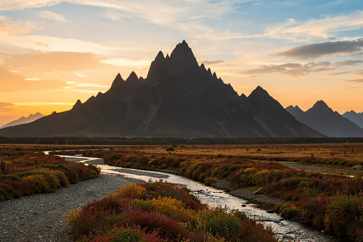 Golden River Valley. A winding river cuts through a rugged mountain valley with dark slopes and autumn-toned vegetation at sunset.