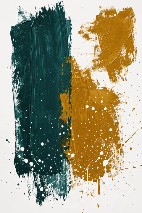 Golden Sea. Loose dark-teal and ochre brushstrokes with white splatter and drips form an abstract vertical composition.