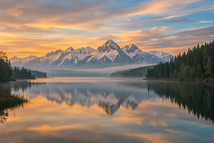Golden Sky Lake Reflection. A mountain range and forest are mirrored in a calm lake beneath peach and blue dusk clouds.
