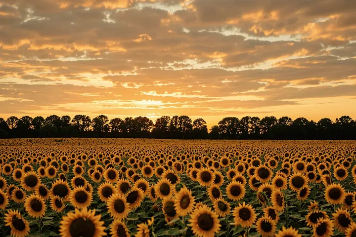 Golden Sunflower Field. A broad field of sunflowers stretches toward a dark tree line beneath a glowing orange sunset sky.