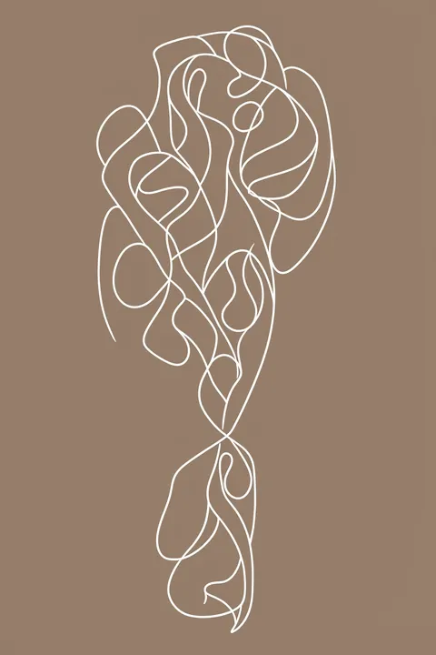 Graceful Abstract Movement. Intertwining white contour lines form an elongated abstract figure against a solid taupe-brown background.