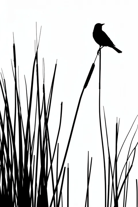 Graceful Reed Bird. A black bird perches on a tall reed above a dense cluster of grasses in a high-contrast white composition.