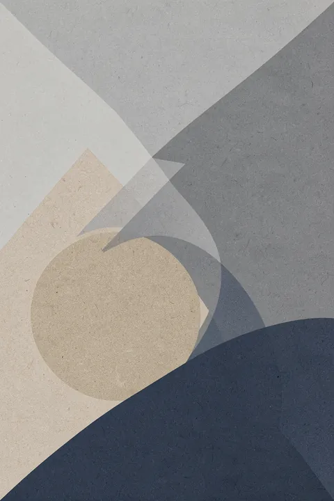 Graphic 210. Overlapping translucent circles, triangles, and broad curved shapes in cream, gray, sand, and navy form a textured geometric abstract.