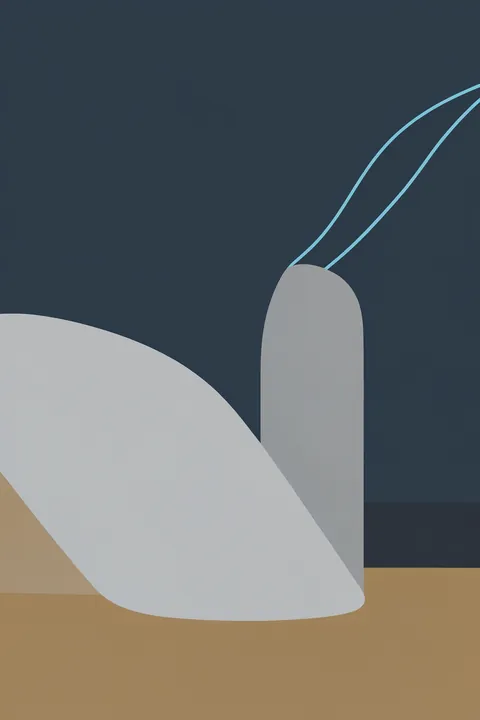 Graphic 210X. A pale gray curved form and vertical shape sit over a deep navy field, with turquoise lines sweeping in from the upper right and tan bands below.