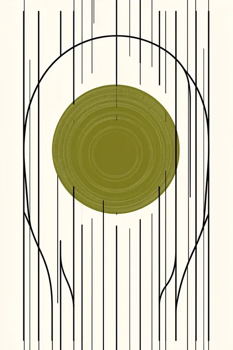 Green Harmony Flow. A textured olive-green circle is framed by a thin black oval and long vertical black lines on cream.
