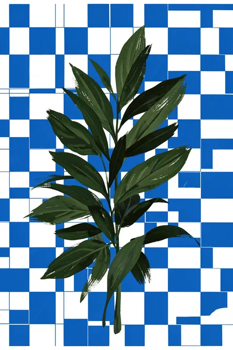 Green Leaves Blue Checkers. A dark green leafy branch fills the center of a blue-and-white checkerboard pattern.