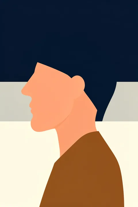Half Face Half Sun. A simplified peach-colored side-profile portrait sits against a dark navy field and pale horizontal bands.