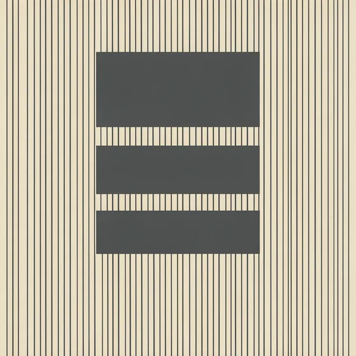 Hidden Symphony. Three charcoal horizontal bars interrupt a dense field of thin vertical black lines on a warm cream background.