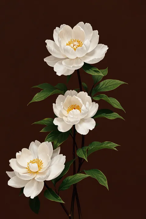 Hærdaceous Peony. Three white peonies with yellow centers and green leaves rise against a deep brown background.