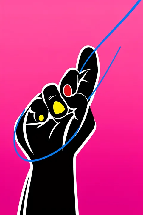 It's All Love. A black hand makes a two-finger peace sign, outlined in white with red and yellow nails and blue curved lines on hot pink.