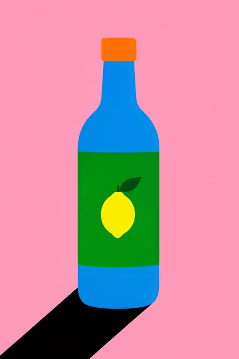 Lemo Nade. A simplified blue bottle with a green label bearing a yellow lemon stands against pink, casting a long black shadow.
