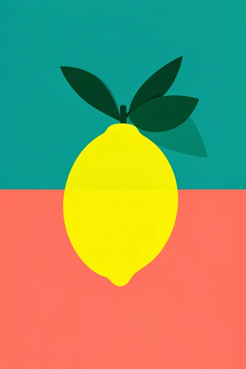 Lemon With Two Leaves. A bright yellow lemon with two dark green leaves sits against a teal and coral color-blocked background.