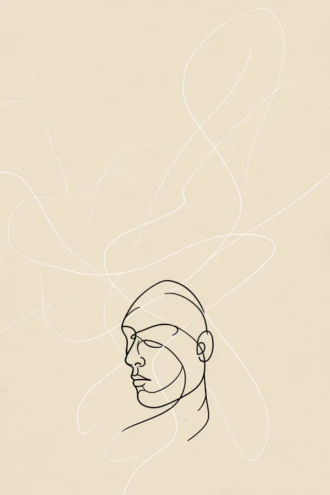 Line Expression. A black line drawing of a face is surrounded by looping white abstract lines on textured beige.