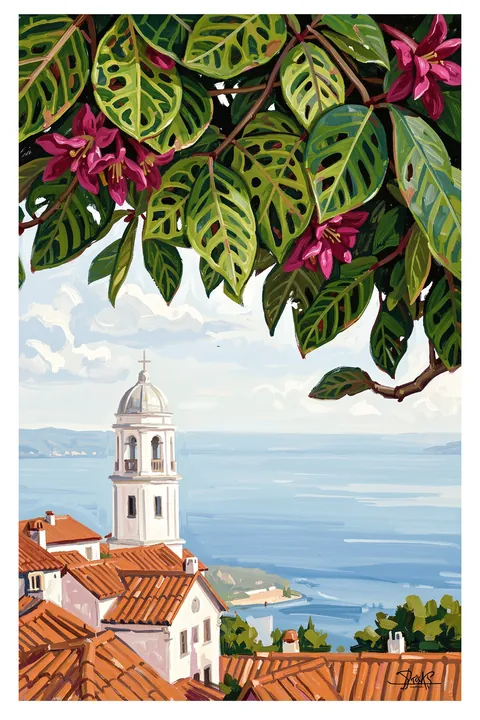 Lisbon. A painted Lisbon waterfront scene shows terracotta rooftops and a bell tower beneath leafy branches, with blue water beyond.