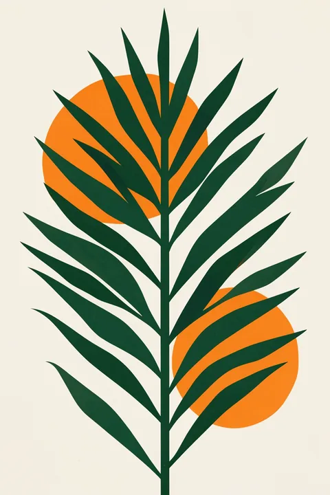 Little Miss Sunshine. Long dark-green leaves rise in front of two orange circles on an off-white background.