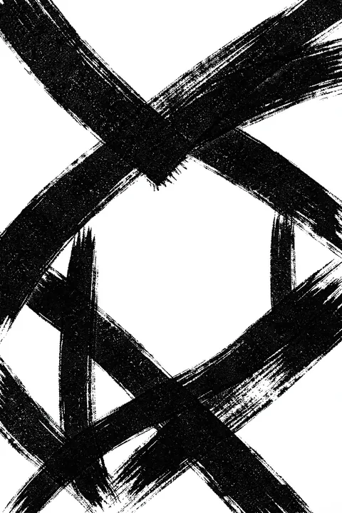 Love's Abstract Path. Broad rough black brushstrokes cross in an angular, layered pattern over a white ground.