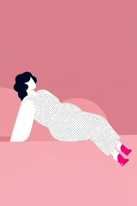 Maddies Mood. A stylized woman in a white dotted dress reclines across layered pink shapes, with dark hair and bright fuchsia heels.