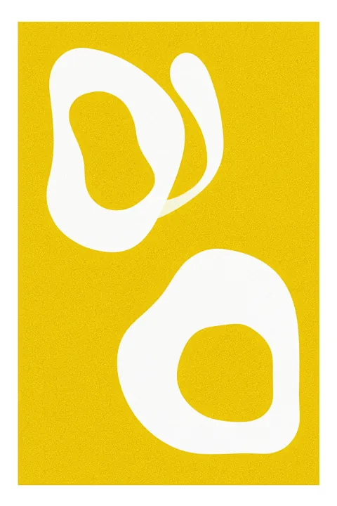 Mellow. Two large white looping organic shapes sit on a textured golden-yellow field.