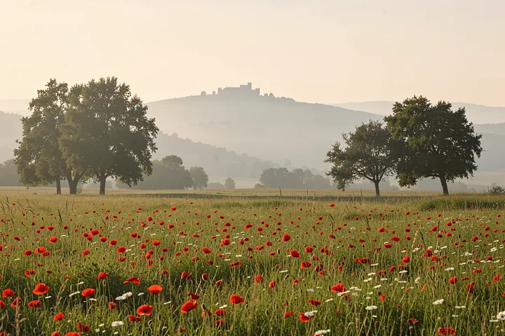 Misty Tuscan Poppies. Red poppies and small white flowers fill a meadow below hazy Tuscan hills and scattered trees.