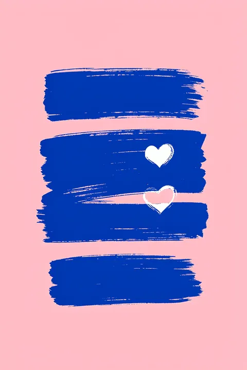 More Amor Por Favor. Three rough cobalt-blue brush bands cross a pink field, with two small white heart shapes in the middle band.