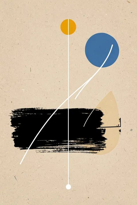 Muted Organic Abstract Forms. A blue circle, small ochre circle, black brushstroke, and translucent tan leaf shape are crossed by fine white lines on textured paper.