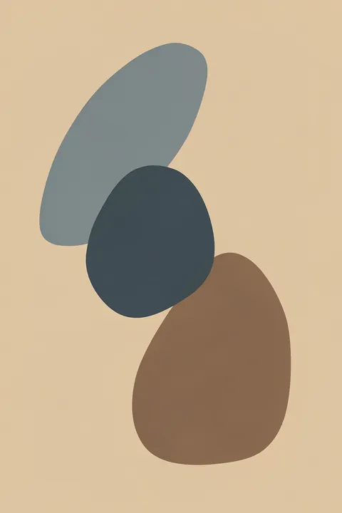 Muted Organic Forms. Three overlapping rounded forms in muted blue-gray, charcoal, and brown sit on a warm tan background.