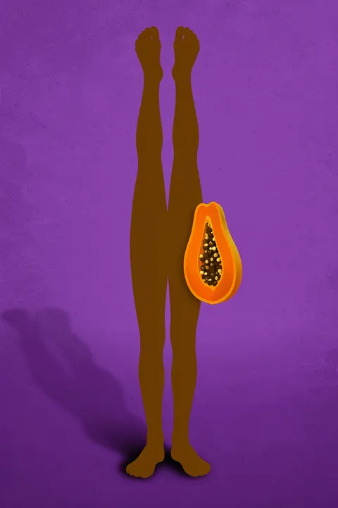 My Papaya. A cut orange papaya with visible black seeds overlaps the silhouette of long brown legs against textured purple.