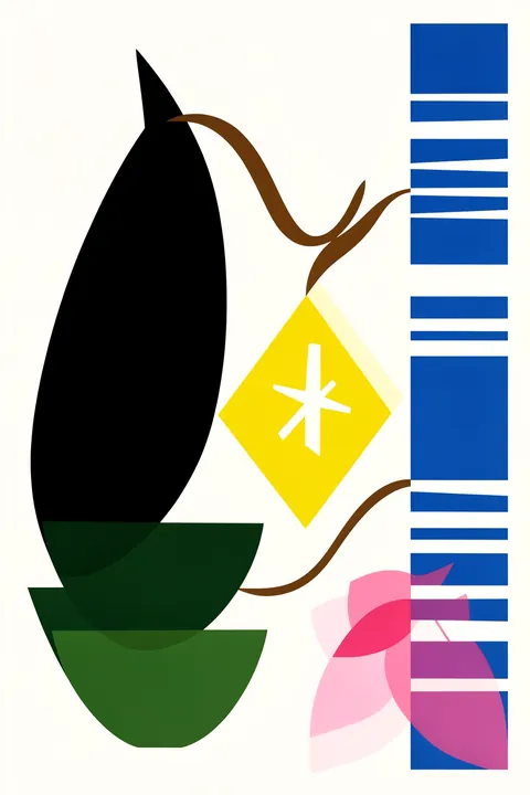 Nord No6. Bold black and green plantlike shapes, a yellow diamond, pink petal forms, and blue-and-white stripes create a geometric collage.