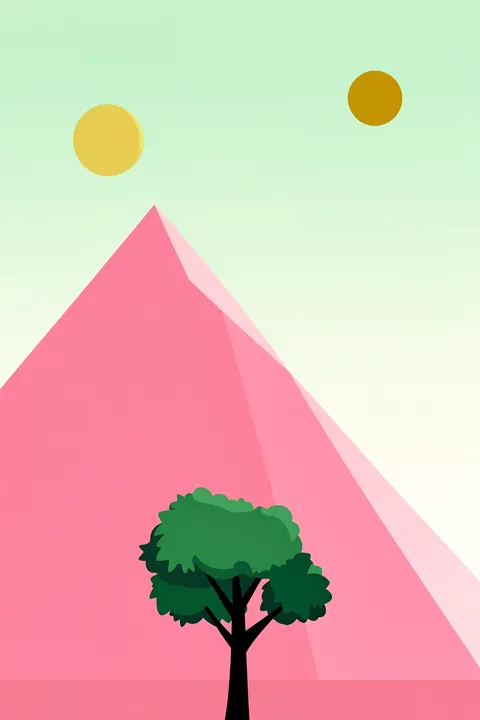 Pink Desert Solitude. A pink triangular mountain rises above a single green tree, with two yellow suns in a pale mint sky.