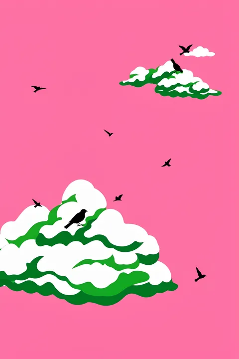 Pink Sky. Black bird silhouettes fly and perch on stylized green-and-white clouds against a bright pink sky.