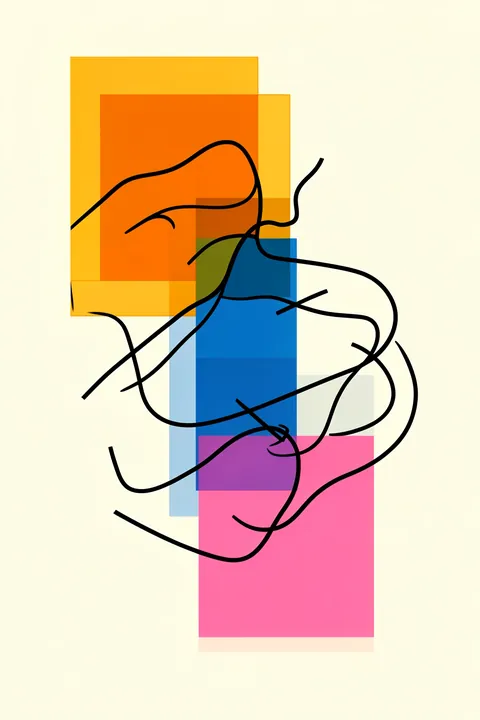 Playful Organic Lines. Thin black looping lines weave across overlapping translucent orange, blue, and pink rectangles on cream.