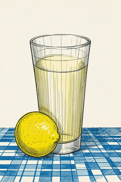 Refreshing Sip Deal. A sketched glass of pale yellow juice and a whole lemon sit on a blue crosshatched tabletop.