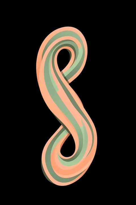 Retro Wavy Gradient. Layered peach and sage wavy bands form a tall looping ribbon against a solid black background.