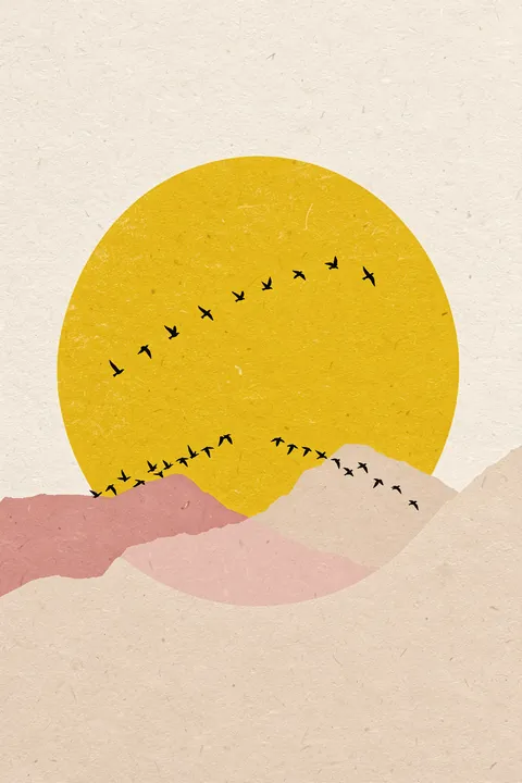 Serene Desert Sun Birds. A large textured yellow sun rises behind layered pink and cream hills as black birds fly across it.