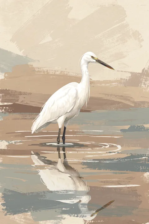Serene Reflection. A white egret stands in shallow water, its reflection mirrored below, against loose beige and blue-gray brushstrokes.