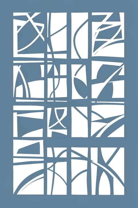 Shapes and Lines. An orderly grid of white rectangular panels is filled with cutout curves and angular lines on a muted blue-gray ground.