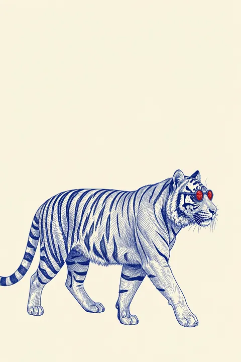Smile Tiger Summer. A finely drawn blue-and-white tiger walks across a pale background wearing small red round sunglasses.