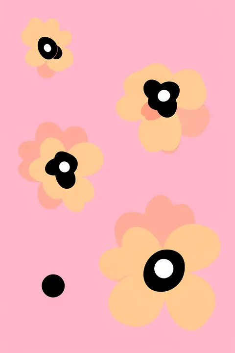 Soft Coral Poppies. Simple peach and coral poppy-like flowers with bold black centers float across a solid pink background.